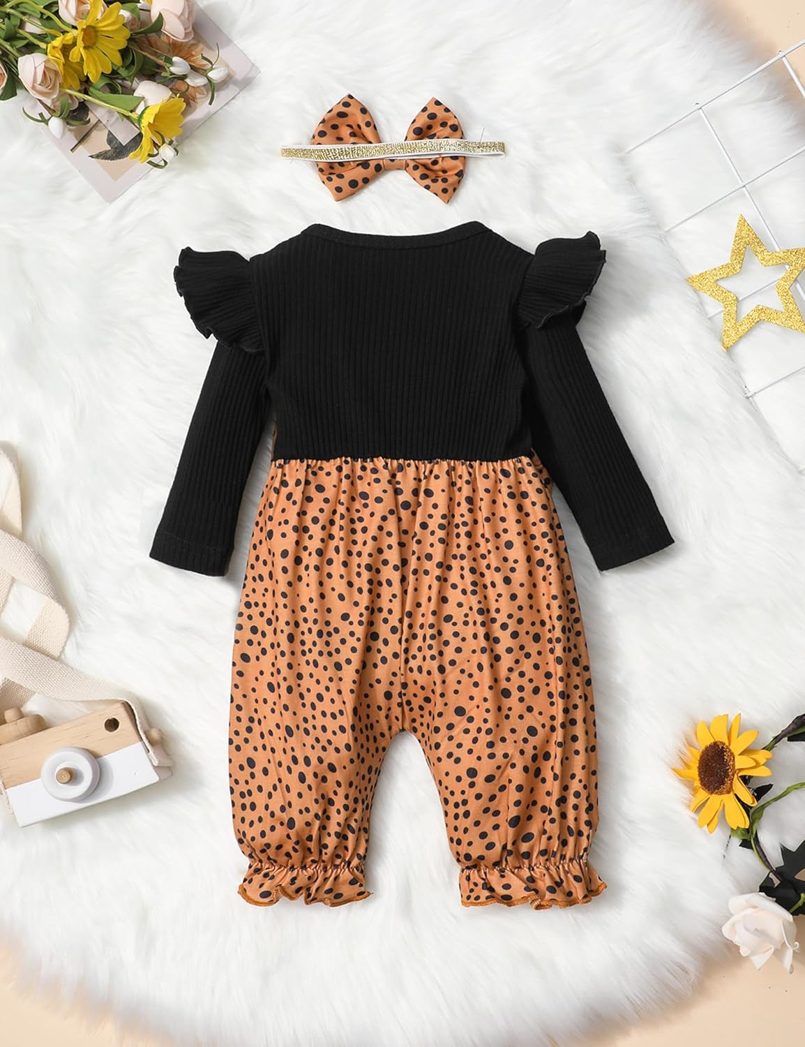 Queenstyle Newborn Baby Girl Clothes, Long Sleeve Ruffle Romper Jumpsuit Cute Infant Girl Fall Winter Outfits with Headband - Image 6
